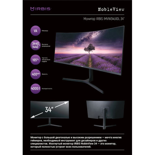 IRBIS NOBLEVIEW 34'' LED Monitor Curved 3440x1440, 21:9, VA, 400 cd/m2, 4000:1, 3ms, HDMI, DP USB-C(65W) USB-Ax2 USB-B PJack Audio output 165Hz Tilt Height Swivel внешн. бп VESA Black 3y  (China)