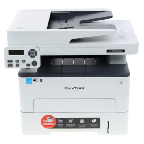 Pantum M7100DW, P/C/S, Mono laser, А4, 33 ppm (max 60000 p/mon), 525 MHz, 1200x1200 dpi, 256 MB RAM, PCL/PS, Duplex, ADF50, paper tray 250 pages, USB, LAN, WiFi, start. cartridge 1500 pages