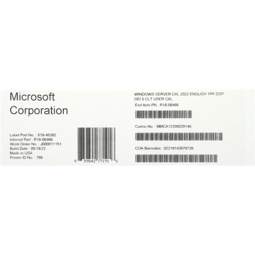 Windows Server CAL 2022 English 1pk DSP OEI 5 Clt User CAL.