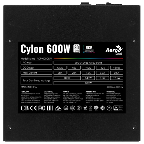 Aerocool 600W Retail Cylon 600W, ATX v2.4, сертификат 80+, 13 режимов RGB-подсветки, 20+4P x1, 4+4P x1, PCIe 6+2P x2, PATA x3, SATA x5