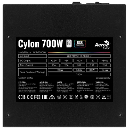 Aerocool 700W Retail Cylon 700W, ATX v2.4, сертификат 80+, 13 режимов RGB-подсветки, 20+4P x1, 4+4P x1, PCIe 6+2P x4, PATA x3, SATA x5
