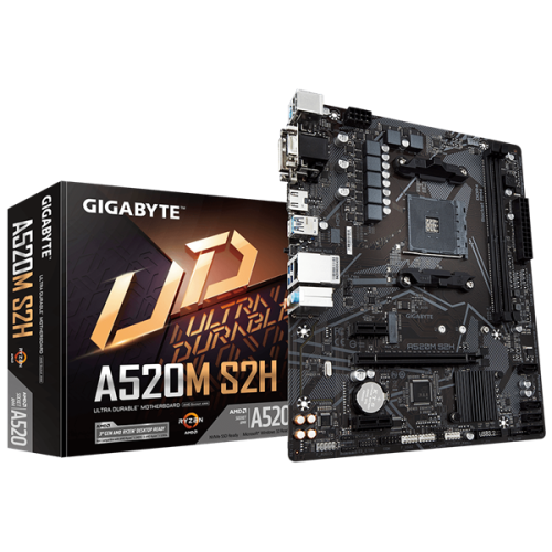 GIGABYTE A520M S2H, AM4, A520, 2*DDR4, D-Sub+DVI-D+HDMI,  4 SATA 6 Гб/с, M2, Audio, Gb LAN, USB 3.2, USB 2.0, COM*1 header, mATX