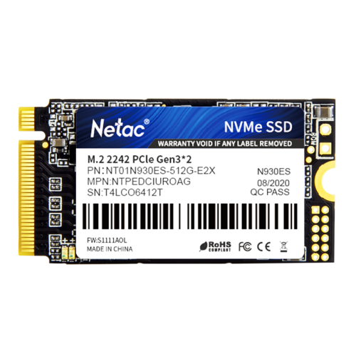 Netac SSD N930ES 512GB PCIe 3 x2 M.2 2242 NVMe 3D NAND, R/W up to 1650/1500MB/s, TBW 300TB, 3y wty