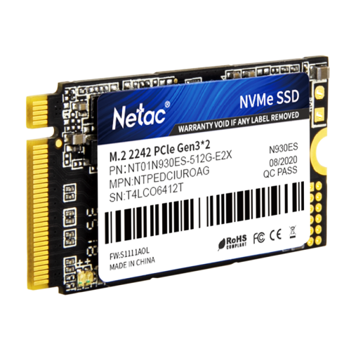 Netac SSD N930ES 512GB PCIe 3 x2 M.2 2242 NVMe 3D NAND, R/W up to 1650/1500MB/s, TBW 300TB, 3y wty