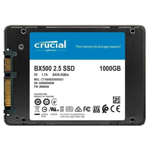 Crucial SSD Disk BX500 1000GB SATA 2.5” 7mm (540 MB/s Read 500 MB/s Write), 1 year, OEM
