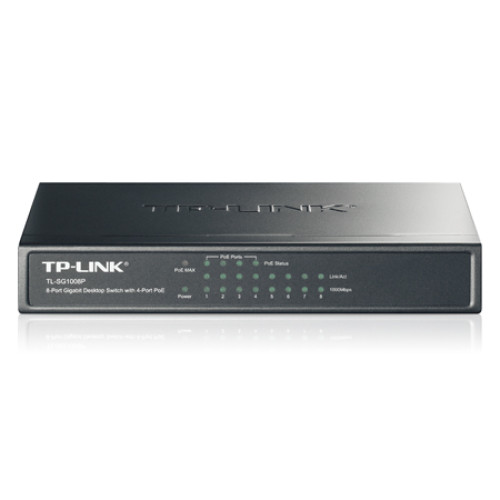 TP-Link TL-SG1008P, 8-портовый гигабитный настольный PoE коммутатор, 8 гигабитных портов RJ45 + 4 порта PoE, IEEE 802.3af, бюджет PoE 53 Вт, стальной корпус