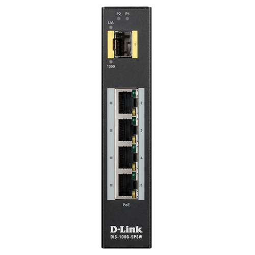 D-Link DIS-100G-5PSW/A1A, L2 Unmanaged Industrial Switch with 4 10/100/1000Base-T ports and 1 1000Base-X SFP ports (4 PoE ports 802.3af/802.3at (30 W), PoE Budget 120 W)2K Mac address, Jumbo Frame 9K