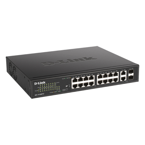 D-Link Unmanaged Switch 16x100Base-TX PoE, 2xCombo 1000Base-T/SFP, PoE Budget 247W, Long-range PoE up to 250m, metal case