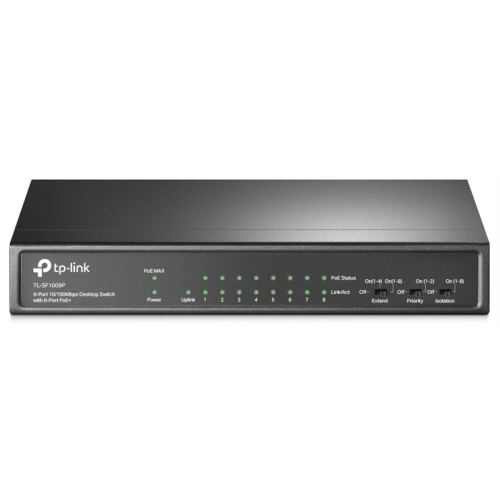 TP-Link TL-SF1009P, 9-портовый 10/100 Мбит/с неуправляемый PoE коммутатор, 8 портов PoE+, IEEE 802.3af/at, бюджет PoE 65 Вт, стальной корпус, режим Extend Mode PoE до 250 метров