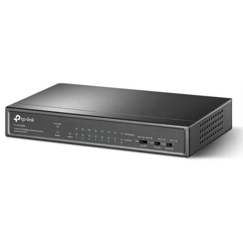 TP-Link TL-SF1009P, 9-портовый 10/100 Мбит/с неуправляемый PoE коммутатор, 8 портов PoE+, IEEE 802.3af/at, бюджет PoE 65 Вт, стальной корпус, режим Extend Mode PoE до 250 метров