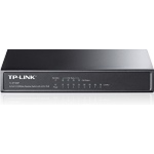 TP-Link TL-SF1008P, 8-портовый 10/100 Мбит/с настольный PoE коммутатор, 8 портов RJ45 10/100 Мбит/с + 4 порта PoE, IEEE 802.3af, бюджет PoE 57 Вт, стальной корпус