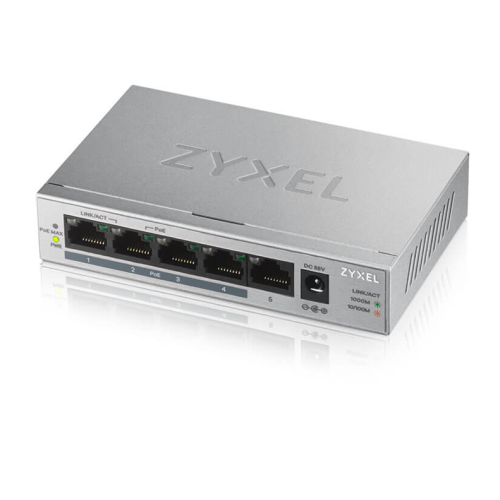 Коммутатор PoE+ Zyxel GS1005HP, 5xGE (4xPoE+), настольный, металлический, бесшумный, бюджет PoE 60 Вт