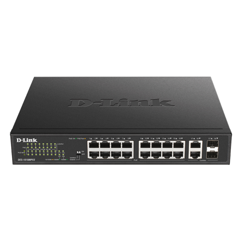 D-Link Unmanaged Switch 16x100Base-TX PoE, 2xCombo 1000Base-T/SFP, PoE Budget 247W, Long-range PoE up to 250m, metal case