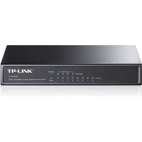 TP-Link TL-SF1008P, 8-портовый 10/100 Мбит/с настольный PoE коммутатор, 8 портов RJ45 10/100 Мбит/с + 4 порта PoE, IEEE 802.3af, бюджет PoE 57 Вт, стальной корпус