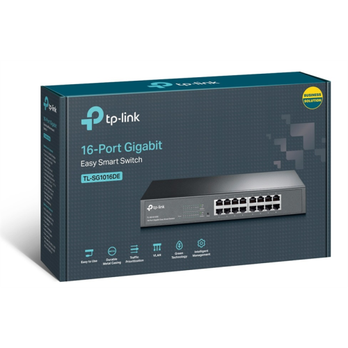 TP-Link TL-SG1016DE, 16-портовый гигабитный Easy Smart коммутатор, 16 портов RJ45 10/100/1000 Мбит/с, VLAN на базе MTU/порта/тэга, QoS, IGMP Snooping, 1U 13-дюймовый корпус для монтажа в стойку