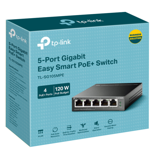 TP-Link TL-SG105MPE, Коммутатор Easy Smart с 5 гигабитными портами (4 порта PoE+), 802.3af/at, бюджет PoE — 120 Вт, стальной корпус