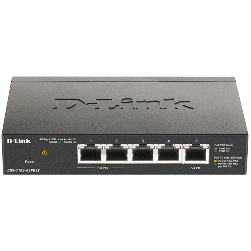 D-Link EasySmart L2 Switch 4х1000Base-T (2x1000Base-T PoE), 1x1000Base-T PD PoE, PoE Budget 18W, PD PoE power only
