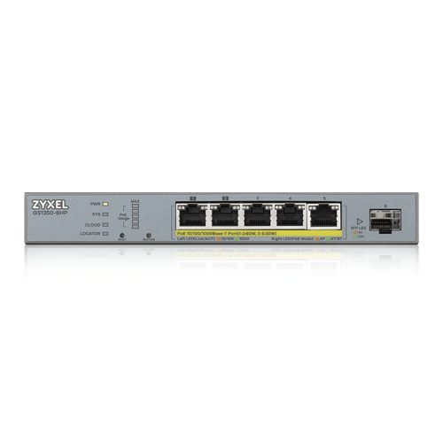 Smart L2 коммутатор PoE+ для IP-видеокамер Zyxel NebulaFlex Pro GS1350-6HP, 4xGE PoE+, 1xGE PoE++ (802.3bt), 1xSFP, бюджет PoE 60 Вт, питание до 250м, автоперезагрузка PoE-портов
