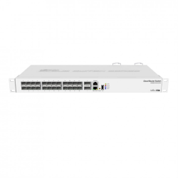 MikroTik Cloud Router Switch 326-24S+2Q+RM with 2 x 40G QSFP+ cages, 24 10G SFP+ cages, 1x LAN port for management, RouterOS L5 or SwitchOS (dual boot), 1U rackmount enclosure, Dual redundant PSU