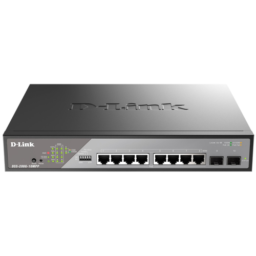 D-Link Smart L2 Surveillance Switch 8х1000Base-T PoE 802.3bt 90W, 2x1000Base-X SFP, PoE Budget 242W, Long-range PoE up to 250m