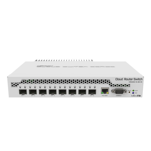 MikroTik Cloud Router Switch 309-1G-8S+IN with Dual core 800MHz CPU, 512MB RAM, 1xGigabit LAN, 8 x SFP+ cages, RouterOS L5 or SwitchOS (dual boot), passive desktop case, rackmount ears, PSU