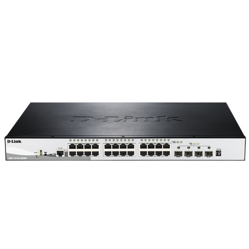 D-Link PROJ SmartPro L2+ Stackable Switch 24x1000Base-T PoE, 4x10GBase-X SFP+, PoE Budget 370W, CLI, RJ45 Console