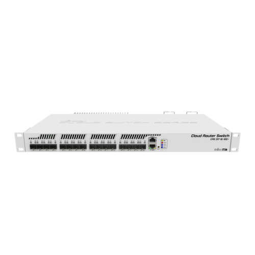 MikroTik Cloud Router Switch 317-1G-16S+RM with 800MHz CPU, 1GB RAM, 1xGigabit LAN, 16xSFP+ cages, RouterOS L6 or SwitchOS (dual boot), passive cooling 1U rackmount enclosure, Dual redundant PSU
