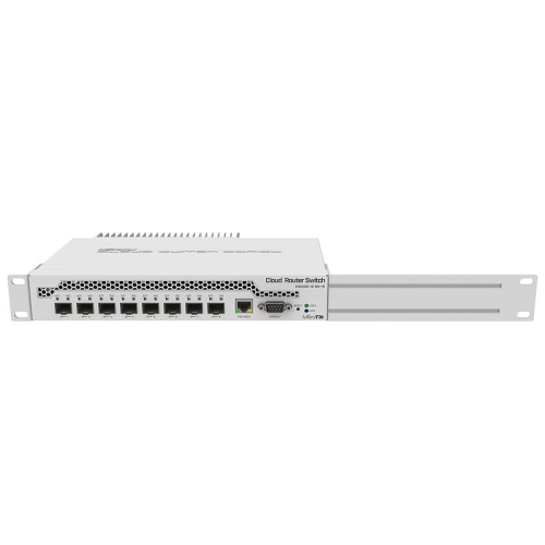 MikroTik Cloud Router Switch 309-1G-8S+IN with Dual core 800MHz CPU, 512MB RAM, 1xGigabit LAN, 8 x SFP+ cages, RouterOS L5 or SwitchOS (dual boot), passive desktop case, rackmount ears, PSU