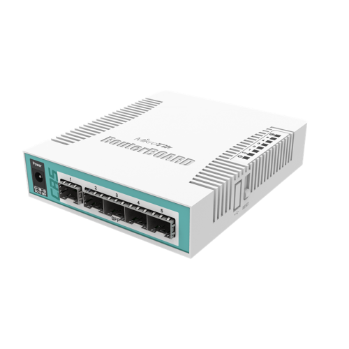 MikroTik Cloud Router Switch 106-1C-5S with QCA8511 400MHz CPU, 128MB RAM, 1x Combo port (Gigabit Ethernet or SFP), 5 x SFP cages, RouterOS L5, desktop case, PSU