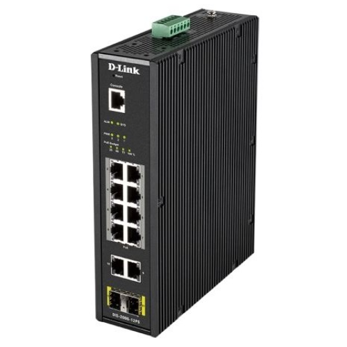D-Link PROJ Managed L2 Industrial Switch 10x1000Base-T (8x1000Base-T PoE), 2x1000Base-X SFP, PoE Budget 123W, Surge 6KV, CLI, RJ45 Console, Alarm relay, Dying Gasp, DIN-Rail, metal case IP30, -40 to 6