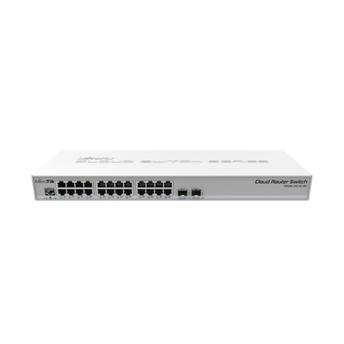 MikroTik Cloud Router Switch 326-24G-2S+RM with 800 MHz CPU, 512MB RAM, 24xGigabit LAN, 2xSFP+ cages, RouterOS L5 or SwitchOS (dual boot), 1U rackmount case, PSU