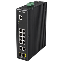 D-Link PROJ Managed L2 Industrial Switch 10x1000Base-T, 2x1000Base-X SFP, Surge 6KV, CLI, RJ45 Console, Alarm relay, Dying Gasp, DIN-Rail, metal case IP30, -40 to 65°C, w/o power adapter