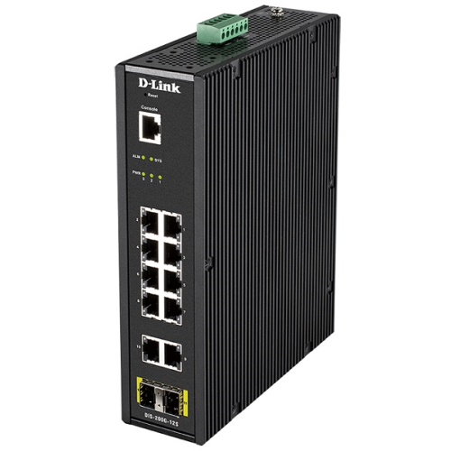 D-Link PROJ Managed L2 Industrial Switch 10x1000Base-T, 2x1000Base-X SFP, Surge 6KV, CLI, RJ45 Console, Alarm relay, Dying Gasp, DIN-Rail, metal case IP30, -40 to 65°C, w/o power adapter