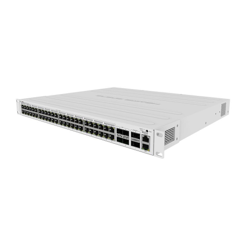 MikroTik Cloud Router Switch 354-48P-4S+2Q+RM with 48 x Gigabit RJ45 LAN (all PoE-out), 4 x 10G SFP+ cages, 2 x 40G QSFP+ cages, RouterOS L5, 1U rackmount enclosure, 750W PSU
