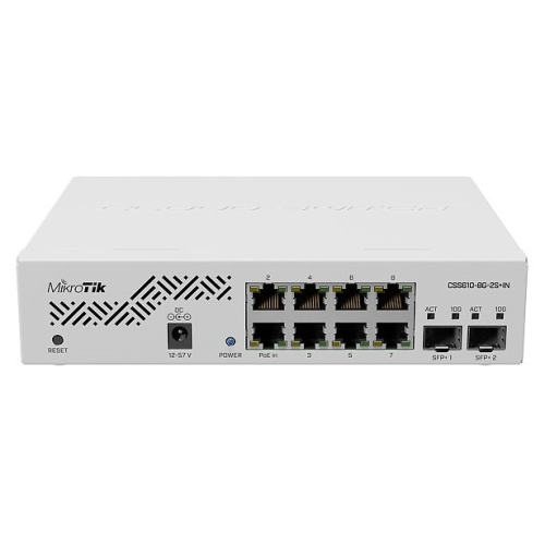 MikroTik Cloud Smart Switch 610-8G-2S+IN with 8 x Gigabit ports, 2 x SFP+ cages, SwOS, desktop case, PSU