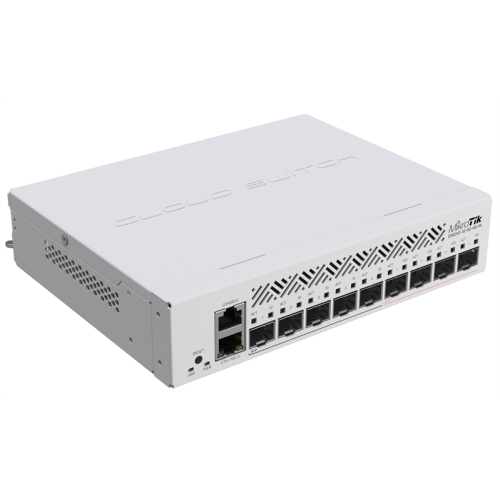 MikroTik Cloud Router Switch CRS310-1G-5S-4S+IN with 800 MHz CPU, 256 MB RAM, 4xSFP+, 5xSFP cages, 1xGBit LAN port, RouterOS L5, desktop case, rackmount ears, PSU