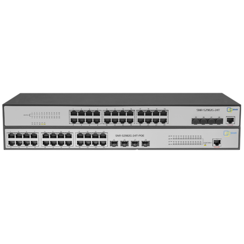 SNR Управляемый гигабитный POE коммутатор уровня 2, 24 порта 10/100/1000Base-T с поддержкой PoE, 4 порта 100/1000BASE-X (SFP), бюджет POE 370W