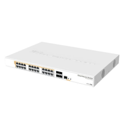 MikroTik Cloud Router Switch 328-24P-4S+RM with 800 MHz CPU, 512MB RAM, 24xGigabit LAN (all PoE-out), 4xSFP+ cages, RouterOS L5 or SwitchOS (dual boot), 1U rackmount case, 500W built-in PSU