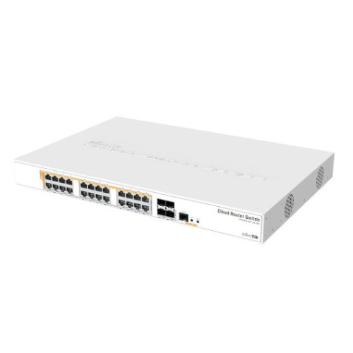 MikroTik Cloud Router Switch 328-24P-4S+RM with 800 MHz CPU, 512MB RAM, 24xGigabit LAN (all PoE-out), 4xSFP+ cages, RouterOS L5 or SwitchOS (dual boot), 1U rackmount case, 500W built-in PSU