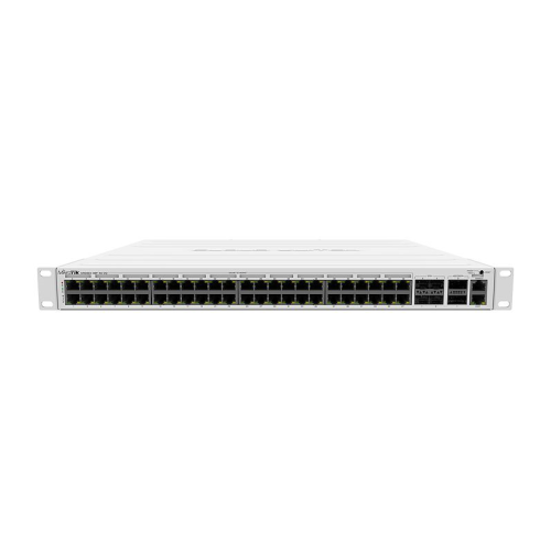 MikroTik Cloud Router Switch 354-48P-4S+2Q+RM with 48 x Gigabit RJ45 LAN (all PoE-out), 4 x 10G SFP+ cages, 2 x 40G QSFP+ cages, RouterOS L5, 1U rackmount enclosure, 750W PSU