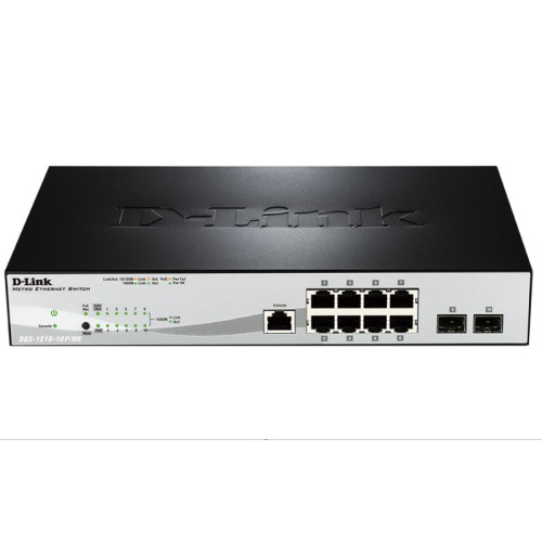 D-Link Managed L2 Metro Ethernet Switch 8x1000Base-T PoE, 2x1000Base-X SFP, PoE Budget 78W, Surge 6KV, CLI, RJ45 Console