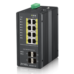 Промышленный L2 PoE+ коммутатор Zyxel RGS200-12P, 8xGE PoE+, 4xSFP, крепление на стену/DIN-рейку, IP30, два источника питания DC, бюджет PoE 240 Вт