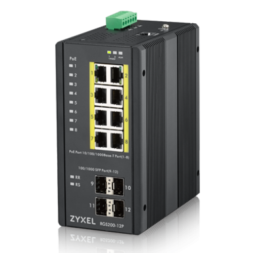 Промышленный L2 PoE+ коммутатор Zyxel RGS200-12P, 8xGE PoE+, 4xSFP, крепление на стену/DIN-рейку, IP30, два источника питания DC, бюджет PoE 240 Вт
