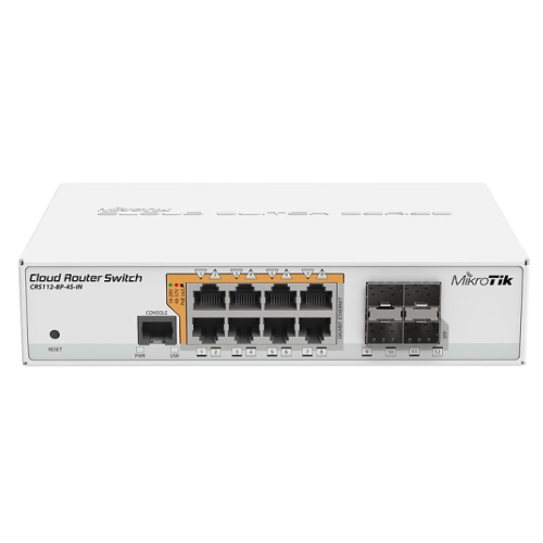 MikroTik Cloud Router Switch 112-8P-4S-IN with QCA8511 400Mhz CPU, 128MB RAM, 8xGigabit LAN with PoE-out, 4xSFP, RouterOS L5, desktop case, PSU