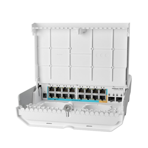 MikroTik netPower 15FR with 800MHz CPU, 256MB RAM, 16 x 10/100Mbps Ethernet ports (15 with Reverse POE-in, 1 with PoE-OUT), 2 x SFP, RouterOS L5 or SwitchOS (dual boot), outdoor enclosure, mounting ki