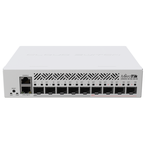 MikroTik Cloud Router Switch CRS310-1G-5S-4S+IN with 800 MHz CPU, 256 MB RAM, 4xSFP+, 5xSFP cages, 1xGBit LAN port, RouterOS L5, desktop case, rackmount ears, PSU