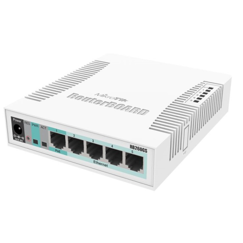 MikroTik RB260GS with 5 Gigabit ports and SFP cage, SwOS, plastic case, PSU