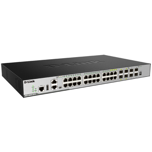 D-Link PROJ Managed L3 Stackable Switch 20x1000Base-T, 4x10GBase-X SFP+, 4xCombo 1000Base-T/SFP, Surge 6KV, CLI, 1000Base-T Management, RJ45 Console, mini-USB Console, USB, RPS, Alarm RJ-45, Dying Gas