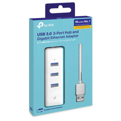 TP-Link UE330, 3-портовый концентратор и гигабитный сетевой адаптер USB 3.0, 1 коннектор USB 3.0, 1 гигабитный порт Ethernet, 3 порта USB 3.0, небольшой размер, кабель USB 3.0 длиной 18 см