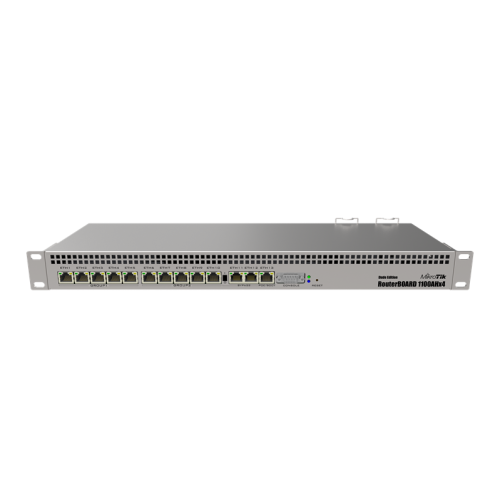 MikroTik RouterBOARD 1100AHx4 Dude Edition with Annapurna Alpine AL21400 Cortex A15 CPU (4-cores, 1.4GHz per core), 1GB RAM, 13xGbit LAN, 60GB M.2 drive, RouterOS L6, 1U rackmount case, Dual PSU